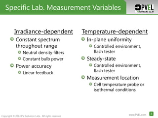 www.PVEL.com 8www.PVEL.com 8
Copyright © 2014 PV Evolution Labs. All rights reserved
www.PVEL.com 8www.PVEL.com 8www.PVEL.com 8
Irradiance-dependent
Constant spectrum
throughout range
Neutral density filters
Constant bulb power
Power accuracy
Linear feedback
WHY IS THERE VARIABILITY?Specific Lab. Measurement Variables
Temperature-dependent
In-plane uniformity
Controlled environment,
flash tester
Steady-state
Controlled environment,
flash tester
Measurement location
Cell temperature probe or
isothermal conditions
 