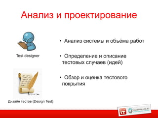 Анализ и проектирование

                              • Анализ системы и объёма работ

    Test designer             • Определение и описание
                               тестовых случаев (идей)

                              • Обзор и оценка тестового
                               покрытия


Дизайн тестов (Design Test)
 