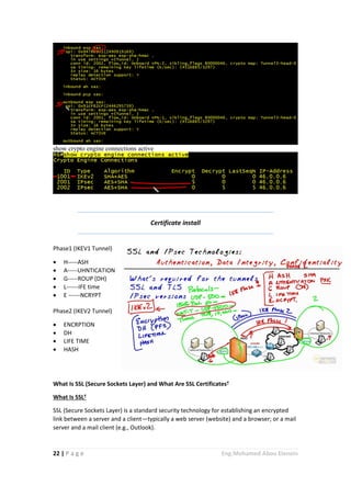 22 | P a g e Eng.Mohamed Abou Elenein
show crypto engine connections active
Certificate install
Phase1 (IKEV1 Tunnel)
 H-----ASH
 A-----UHNTICATION
 G-----ROUP (DH)
 L------IFE time
 E ------NCRYPT
Phase2 (IKEV2 Tunnel)
 ENCRPTION
 DH
 LIFE TIME
 HASH
What Is SSL (Secure Sockets Layer) and What Are SSL Certificates?
What Is SSL?
SSL (Secure Sockets Layer) is a standard security technology for establishing an encrypted
link between a server and a client—typically a web server (website) and a browser; or a mail
server and a mail client (e.g., Outlook).
 