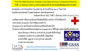Analytics of Hospital Clustering & Profiling as a Tool for
Evidence-based Organization Development
The First NIDA Business Analytics and Data Sciences Contest/Conference
วันที่ 1-2 กันยายน 2559 ณ อาคารนวมินทราธิราช สถาบันบัณฑิตพัฒนบริหารศาสตร์
https://businessanalyticsnida.wordpress.com
https://www.facebook.com/BusinessAnalyticsNIDA/
รศ.ดร.จิรประภา อัครบวร อาจารย์ ดร.อานนท์ ศักดิ์วรวิชญ์
นายสมยศ ประจันบาล นายรัตนศักดิ์ เจริญทรัพย์
นายขรรค์ชัย บุญมาศ นางจารุวรรณ ยอดระฆัง
นางสาวเยาวนุช สุมน
-จะพัฒนาองค์การต้องประเมินและวินิจฉัยหรือไม่? อย่างไร? ทาไปเพื่ออะไร?
-บทบาทของ Analytics ในการพัฒนาองค์การ?
-Engagement ของโรงพยาบาลในประเทศไทยเป็นอย่างไร?
-โรงพยาบาลในประเทศไทยแบ่งกลุ่มตาม Engagement ได้กี่กลุ่ม แต่ละกลุ่มมีโปรไฟล์อย่างไร
นวมินทราธิราช 3001 วันที่ 1 กันยายน 2559 10.15-11.15 น.
 