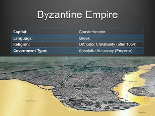 Byzantine Empire
Capital:

Constantinople

Language:

Greek

Religion:

Orthodox Christianity (after 1054)

Government Type:

Absolutist Autocracy (Emperor)

 