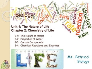 Biology 
Unit 1: The Nature of Life 
Chapter 2: Chemistry of Life 
2-1: The Nature of Matter 
2-2: Properties of Water 
2-3: Carbon Compounds 
2-4: Chemical Reactions and Enzymes 
Ms. Petrucci 
Biology 
 