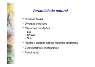 Variabilidade natural

• Diversos locais
• Diversas gerações
• Diferentes condições
  - Sol
  - Chuva
  - Solo
• Plantio e colheita sob as mesmas condições
• Características morfológicas
• Rendimento
 