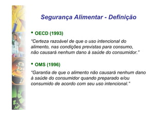 Segurança Alimentar - Definição

• OECD (1993)
       (1993)
“Certeza razoável de que o uso intencional do
alimento, nas condições previstas para consumo,
não causará nenhum dano à saúde do consumidor.”

• OMS (1996)
      (1996)
“Garantia de que o alimento não causará nenhum dano
à saúde do consumidor quando preparado e/ou
consumido de acordo com seu uso intencional.”
 