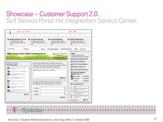 Showcase – Customer Support 2.0.
Self Service Portal mit integriertem Service Center.




Anne Glas | T-Systems Multimedia Solutions | Voice Days 2009 | 7. Oktober 2009   19
 