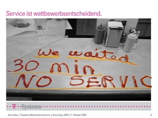 Service ist wettbewerbsentscheidend.




Anne Glas | T-Systems Multimedia Solutions | Voice Days 2009 | 7. Oktober 2009   8
 