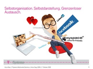 Selbstorganisation. Selbstdarstellung. Grenzenloser
Austausch.




Anne Glas | T-Systems Multimedia Solutions | Voice Days 2009 | 7. Oktober 2009   9
 