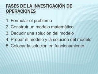 FASES DE LA INVESTIGACIÓN DE
OPERACIONES
1. Formular el problema
2. Construir un modelo matemático
3. Deducir una solución del modelo
4. Probar el modelo y la solución del modelo
5. Colocar la solución en funcionamiento
 