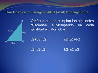 B     Verifique que se cumplan las siguientes
                  relaciones, substituyendo en cada
    C=5           igualdad el valor a,b y c.
            A=3


A           C
                  a2+b2=c2            c2=a2+b2
      B=4

                  a2=c2-b2            b2=c2-a2
 