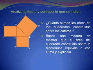 E



    A               A. ¿Cuanto suman las áreas de
H               D
                       los cuadrados construidos
                       sobre los catetos ?
I   C       B       B. Busca     una manera de
                       mostrar que el área del
                       cuadrado construido sobre la
    F       G          hipotenusa equivale a esa
                       suma y explícala.
 