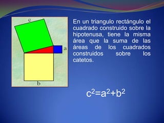 En un triangulo rectángulo el
cuadrado construido sobre la
hipotenusa, tiene la misma
área que la suma de las
áreas de los cuadrados
construidos     sobre     los
catetos.




    c 2=a2+b2
 