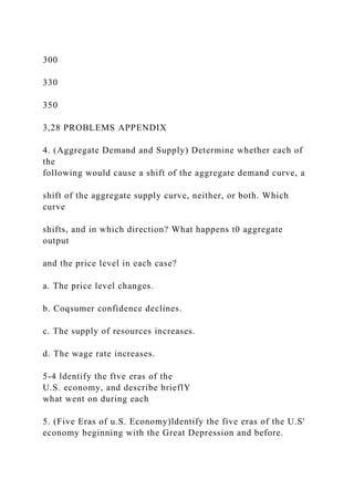 300
330
350
3,28 PROBLEMS APPENDIX
4. (Aggregate Demand and Supply) Determine whether each of
the
following would cause a shift of the aggregate demand curve, a
shift of the aggregate supply curve, neither, or both. Which
curve
shifts, and in which direction? What happens t0 aggregate
output
and the price level in each case?
a. The price level changes.
b. Coqsumer confidence declines.
c. The supply of resources increases.
d. The wage rate increases.
5-4 ldentify the ftve eras of the
U.S. economy, and describe brieflY
what went on during each
5. (Five Eras of u.S. Economy)ldentify the five eras of the U.S'
economy beginning with the Great Depression and before.
 