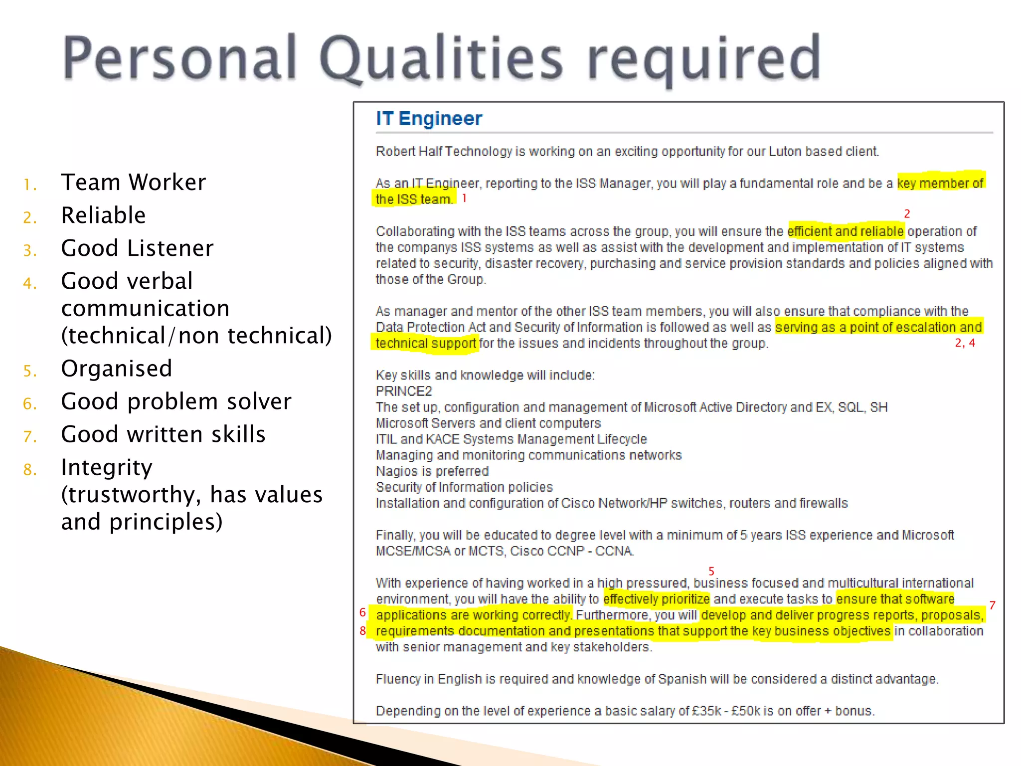 Working In ICTAn ICT professional is a person who works in the development, maintenance or support of ICT Systems.You have 3 minutes in your groups to write down as many jobs you can think of associated with IT/ICTYou now have 15 minutes to visit Jobsite.co.ukMonster.co.ukTotaljobs.comand find as many IT/ICT jobs as possible (Think about your search criteria IT, ICT, games etc.)