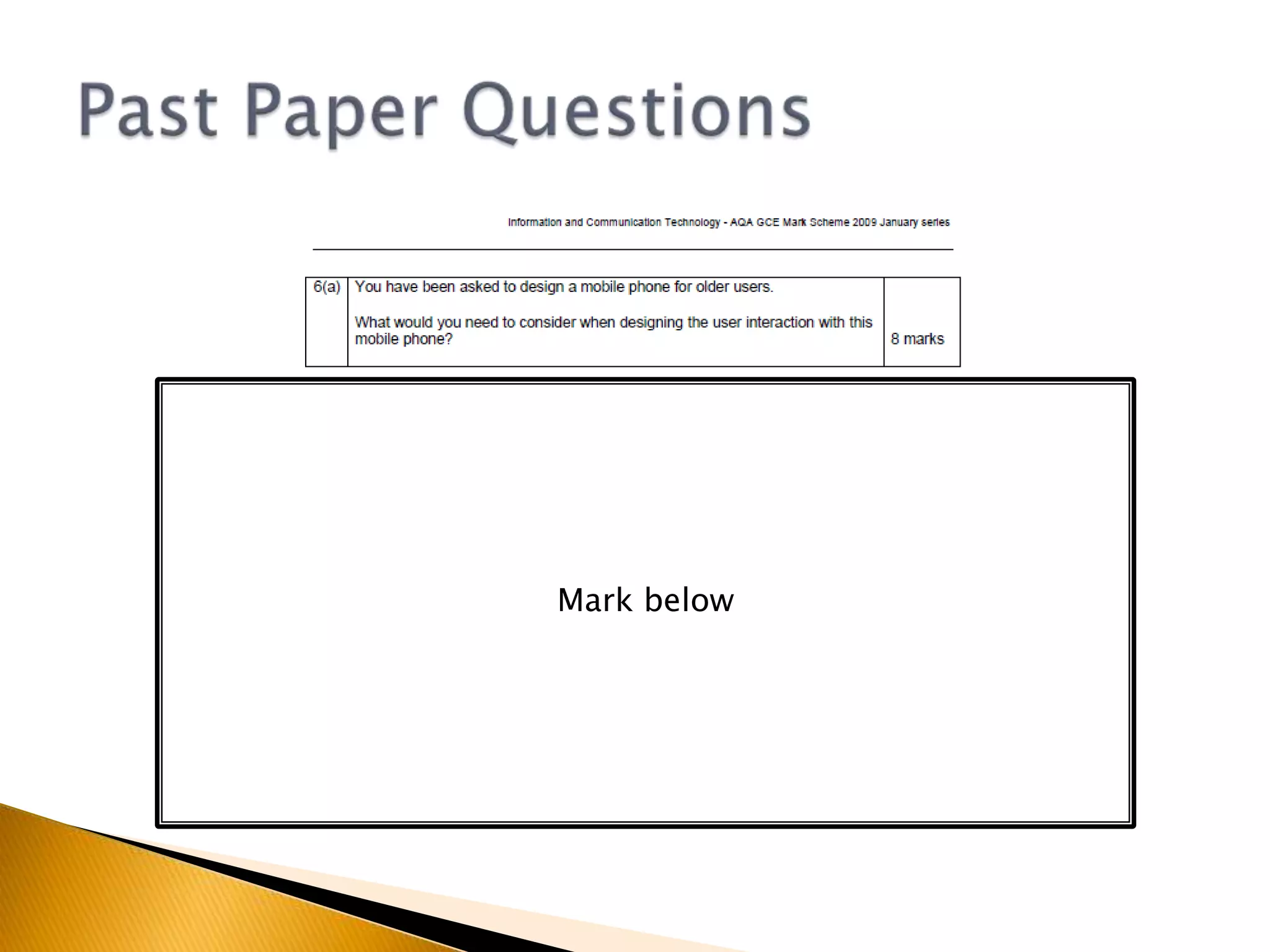 Easily frustratedZoom in featuresHelp featuresWant to work fastVoice recognitionfamiliarOutput audioExperiencedInexperiencedClarityPoor eyesightOutput BrailleShort cutsLarge iconsExperiencePhysicalTouch screenFine motor skillsSimple, BIG, pictures, iconsCharacteristics of usersPointing deviceChildrenVoice recognitionAgeAdultsEnvironment of useStructured, text, ElderlySlow, guidanceIndustrialTask to be under takentravellingGamingChemical Plant Gloves – big keys