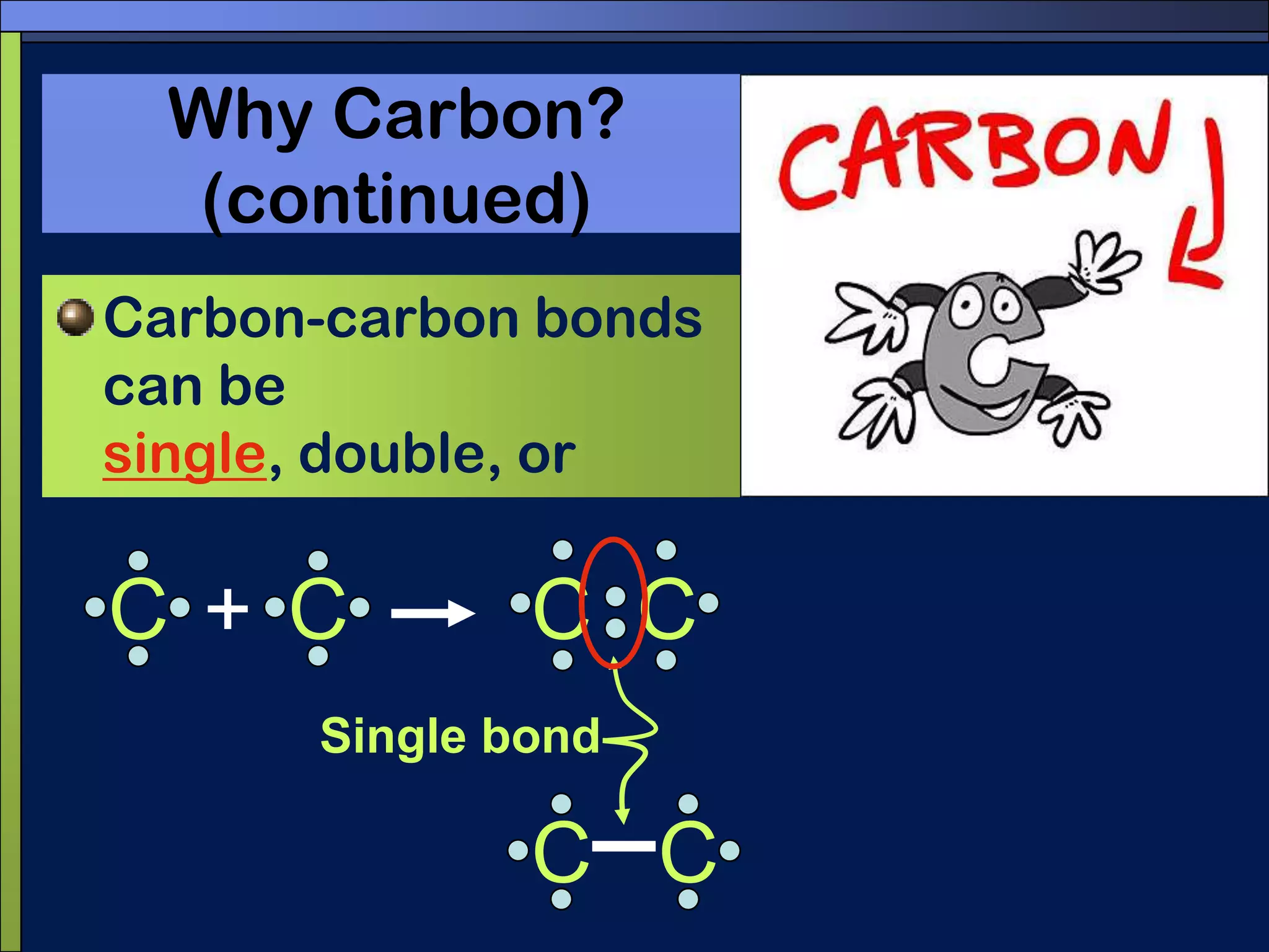 CCWhy Carbon? (continued)Carbon-carbon bonds can be single, double, or triple bonds CC+Single bondCC