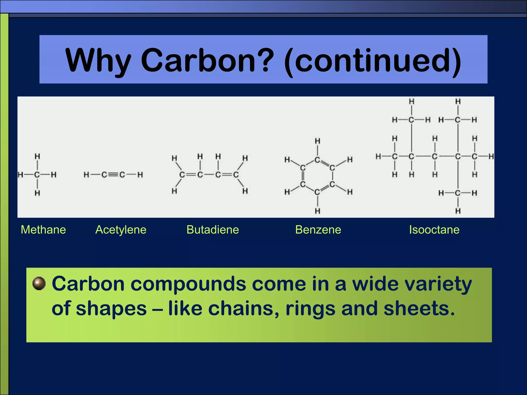Why Carbon? (continued)AcetyleneButadieneBenzeneIsooctaneMethaneCarbon compounds come in a wide variety of shapes – like chains, rings and sheets.