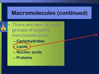 Macromolecules (continued)There are four (4) main groups of organic macromolecules:CarbohydratesLipidsNucleic acidsProteins 