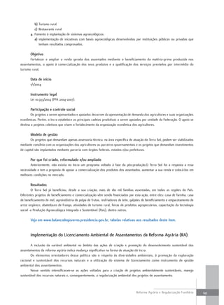 b) Turismo rural
          c) Restaurante rural
       4. Fomento à implantação de sistemas agroecológicos:
          a) implementação de iniciativas com bases agroecológicas desenvolvidas por instituições públicas ou privadas que
             tenham resultados comprovados.

       objetivo
       Fortalecer e ampliar a renda gerada dos assentados mediante o beneficiamento da matéria-prima produzida nos
assentamentos, o apoio à comercialização dos seus produtos e a qualificação dos serviços prestados por intermédio do
turismo rural.

       data de início
       1/1/2004

       instrumento legal
       Lei 10.933/2004 (PPA 2004-2007).

       participação e controle social
        Os projetos a serem apresentados e apoiados decorrem da apresentação de demanda dos agricultores e suas organizações
econômicas. Porém, o Incra estabelece as principais cadeias produtivas a serem apoiadas por unidade da Federação. O apoio se
destina a projetos coletivos que visem o fortalecimento da organização econômica dos agricultores.

       modelo de gestão
        Os projetos que demandam apenas assessoria técnica, na área específica de atuação do Terra Sol, podem ser viabilizados
mediante convênio com as organizações dos agricultores ou parceiros governamentais e os projetos que demandam investimentos
de capital são implantados mediante parceria com órgãos federais, estados e/ou prefeituras.

       por que foi criado, reformulado e/ou ampliado
       Anteriormente, não existia no Incra um programa voltado à fase da pós-produção.O Terra Sol foi a resposta a essa
necessidade e tem a proposta de apoiar a comercialização dos produtos dos assentados, aumentar a sua renda e colocá-los em
melhores condições no mercado.

       Resultados
        O Terra Sol já beneficiou, desde a sua criação, mais de 180 mil famílias assentadas, em todas as regiões do País.
Diferentes projetos de beneficiamento e comercialização vêm sendo financiados por esta ação, entre eles: casa de farinha, casa
de beneficiamento de mel, agroindústria de polpa de frutas, resfriadores de leite, galpões de beneficiamento e empacotamento de
arroz orgânico, abatedouro de frango, atividades de turismo rural, feiras de produtos agropecuários, capacitação da tecnologia
social -e Produção Agroecológica Integrada e Sustentável (Pais), dentre outros.

       Veja em www.balancodegoverno.presidencia.gov.br, tabelas relativas aos resultados deste item.


       implementação do licenciamento ambiental de assentamentos da Reforma agrária (Ra)

       A inclusão da variável ambiental no âmbito das ações de criação e promoção do desenvolvimento sustentável dos
assentamentos da reforma agrária indica mudança significativa na forma de atuação do Incra.
       Os elementos orientadores dessa política são o respeito às diversidades ambientais, à promoção da exploração
racional e sustentável dos recursos naturais e a utilização do sistema de licenciamento como instrumento de gestão
ambiental dos assentamentos.
       Nesse sentido intensificaram-se as ações voltadas para a criação de projetos ambientalmente sustentáveis, manejo
sustentável dos recursos naturais e, consequentemente, a regularização ambiental dos projetos de assentamento.



                                                                                     Reforma Agrária e Regularização Fundiária    145
 