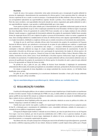 Resultados
        A partir de 2003 o Incra passou a desenvolver várias ações estruturantes para a incorporação da gestão ambiental no
processo de implantação e desenvolvimento dos assentamentos de reforma agrária. A mais expressiva delas foi a alteração da
estrutura regimental do Incra criando, na sede da autarquia, a Coordenação-Geral de Meio Ambiente e Recursos Naturais, com o
seu correspondente replicamento nas superintendências regionais. Durante o período, o Incra realizou três concursos públicos.
Parte dos novos servidores, com especialidades diversas,foi alocada nos setores responsáveis pela gestão ambiental na sede e
nas superintendências regionais, o que garantiu a multidisciplinariedade que o tema requer.
        Foram postas em prática várias ações voltadas para o desenvolvimento das capacidades institucionais quanto ao tema da
gestão ambiental, especialmente no que se refere à exploração sustentável das áreas florestadas e de Reserva Legal e recuperação
das áreas degradadas. Termos de ajustamento de conduta (TAC) foram assinados com os órgãos estaduais de meio ambiente
(Oemas), visando assegurar a regularização do licenciamento ambiental dos projetos de assentamento Também foram assinados
termos de cooperação técnica (TCT) com o objetivo de agilizar o processo de licenciamento e reduzir ou isentar o pagamento de
taxas. Outra estratégia adotada foi o estabelecimento de termos de referência técnica entre algumas superintendências regionais
e os órgãos licenciadores, detalhando as exigências mínimas para os estudos necessários ao licenciamento dos assentamentos.
        Ao longo do ano de 2008 foram realizadas oficinas sobre licenciamento dos projetos de assentamento do Programa
Nacional de Reforma Agrária, que subsidiaram a estruturação de um plano de ação ambiental para viabilizar a regularização
dos assentamentos – em especial, os assentamentos mais antigos –, e incorporar definitivamente os procedimentos que
contemplem a dimensão ambiental nas etapas de criação, implantação e desenvolvimento de assentamentos. O plano foi
apresentado e discutido nas oficinas que contaram com a participação de representantes dos órgãos de reforma agrária e de
meio ambiente das três esferas de governo, Tribunal de Contas da União, Ministério Público Federal, Ministério Público dos
estados, movimentos sociais, dentre outros. Foram identificados e discutidos aspectos institucionais, legais, de capacitação e
de modelos de assentamento. O estabelecimento pelo Incra de um plano ambiental reafirma o licenciamento ambiental como um
processo de qualificação dos projetos de assentamento de reforma agrária. Em dezembro de 2008, o plano de ação ambiental
do Incra foi apresentado ao Tribunal de Contas da União.
        No período de 2003 a julho de 2010, 38,2 milhões de hectares foram destinados à implantação de assentamentos
ambientalmente diferenciados, direcionados principalmente às comunidades tradicionais, perfazendo 81,7% da área total incorporada.
        Em relação à recuperação de áreas degradadas e ao manejo sustentável dos recursos naturais, 17,7 mil famílias foram
beneficiadas nesse período.
        Em julho de 2010, 1.848 assentamentos já se encontravam devidamente licenciados e havia 4.871 licenças ambientais
protocoladas, das quais 2.818 já concedidas.

       Veja em www.balancodegoverno.presidencia.gov.br, tabelas relativas aos resultados deste item.


       c) RegulaRização fundiáRia
       A ausência de informações públicas e de um cadastro consistente sempre impediram que o Estado brasileiro se assenhorasse
de todo o território nacional. À época da elaboração do II PNRA, em 2003, os dados obtidos no cadastro do Incra indicavam que
apenas 50,86% da área total do País estavam na condição de cadastradas, caracterizando uma situação de instabilidade jurídica.
Hoje o cadastro do Incra contém 67% da área do País.
       As consequências dessa fragilidade jurídica das posses são conhecidas: obstáculo ao acesso às políticas de crédito e de
fomento, insegurança e aumento da violência no campo.
       Visando atuar para reverter esse quadro, a política de regularização fundiária do Governo prioriza as pequenas posses
de boa fé, a destinação para o assentamento de trabalhadores rurais, comunidade tradicionais, unidades de conservação e a
retomada de terras públicas irregularmente ocupadas.
       O Programa de Regularização Fundiária é realizado nas terras federais, por meio da ação direta do Incra ou do Programa
Terra Legal, e nas terras estaduais, por meio de parcerias estabelecidas entre o MDA, o Incra e governos estaduais. As ações
contemplam iniciativas de alteração de marcos legais, implantação do cadastro de terras, arrecadação das terras públicas, o
georreferenciamento e a consequente regularização das posses.
       Nos últimos oito anos, tais ações asseguraram a titulação para mais de 180 mil famílias de agricultores/posseiros, garantindo
aos mesmos a definitiva segurança jurídica de seus imóveis. Destaca-se também o grande impacto dessa política para a fixação



                                                                                        Reforma Agrária e Regularização Fundiária      147
 