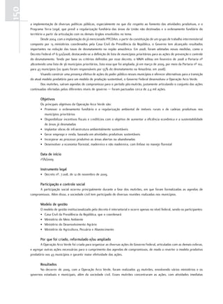 150
      a implementação de diversas políticas públicas, especialmente no que diz respeito ao fomento das atividades produtivas, e o
      Programa Terra Legal, que prevê a regularização fundiária das áreas da União não destinadas e o ordenamento fundiário do
      território a partir da articulação com os demais órgãos envolvidos no tema.
               Desde 2004, com a implantação do já mencionado PPCDAm, a partir da constituição de um grupo de trabalho interministerial
      composto por 13 ministérios coordenados pela Casa Civil da Presidência da República, o Governo tem alcançado resultados
      importantes na redução das taxas de desmatamento na região amazônica. Em 2008, foram adotadas novas medidas, como o
      Decreto Federal nº 6.321/2008, destacando-se a definição de lista de municípios prioritários para as ações de prevenção e controle
      do desmatamento. Tendo por base os critérios definidos por esse decreto, o MMA editou em fevereiro de 2008 a Portaria nº
      28contendo uma lista de 36 municípios prioritários, lista essa que foi ampliada, já em março de 2009, por meio da Portaria nº 102,
      para 43 municípios (os quais foram responsáveis por 55% do desmatamento na Amazônia, em 2008).
               Visando construir uma presença efetiva de ações do poder público nesses municípios e oferecer alternativas para a transição
      do atual modelo predatório para um modelo de produção sustentável, o Governo Federal desenvolveu a Operação Arco Verde.
               Dos mutirões, saíram agendas de compromisso para o período pós-mutirão, justamente articulando o conjunto das ações
      continuadas ofertadas pelos diferentes níveis de governo — foram pactuadas cerca de 2,4 mil ações.

             objetivos
             Os principais objetivos da Operação Arco Verde são:
             • Promover o ordenamento fundiário e a regularização ambiental de imóveis rurais e de cadeias produtivas nos
               municípios prioritários
             • Disponibilizar incentivos fiscais e creditícios com o objetivo de aumentar a eficiência econômica e a sustentabilidade
               de áreas já desmatadas
             • Implantar obras de infraestrutura ambientalmente sustentáveis
             • Gerar emprego e renda, baseada em atividades produtivas sustentáveis
             • Incorporar ao processo produtivo as áreas abertas ou abandonadas
             • Desenvolver a economia florestal, madeireira e não madeireira, com ênfase no manejo florestal

             data de início
             1º/6/2009

             instrumento legal
             • Decreto nº. 7.008, de 12 de novembro de 2009.

             participação e controle social
            A participação social ocorreu principalmente durante a fase dos mutirões, em que foram formalizadas as agendas de
      compromissos. Além disso, a sociedade civil tem participado de diversas reuniões realizadas nos municípios.

             modelo de gestão
             O modelo de gestão institucionalizado pelo decreto é intersetorial e ocorre apenas no nível federal, sendo os participantes:
             • Casa Civil da Presidência da República, que o coordenará
             • Ministério do Meio Ambiente
             • Ministério do Desenvolvimento Agrário
             • Ministério da Agricultura, Pecuária e Abastecimento

             por que foi criado, reformulado e/ou ampliado
             A Operação Arco Verde foi criada para organizar as diversas ações do Governo Federal, articuladas com as demais esferas,
      e agregar outras ações necessárias para o cumprimento das agendas de compromissos, de modo a reverter o modelo produtivo
      predatório nos 43 municípios e garantir maior efetividade das ações.

             Resultados
             No decorrer de 2009, com a Operação Arco Verde, foram realizados 43 mutirões, envolvendo vários ministérios e os
      governos estaduais e municipais, além da sociedade civil. Esses mutirões concentraram as ações, com atividades imediatas
 