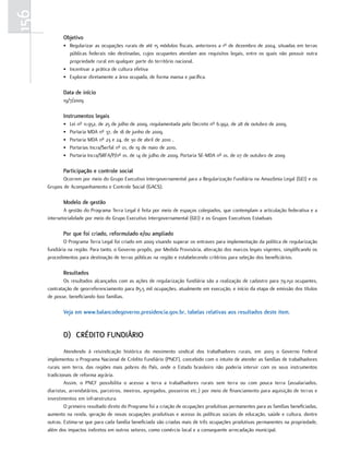 156
             objetivo
             • Regularizar as ocupações rurais de até 15 módulos fiscais, anteriores a 1º de dezembro de 2004, situadas em terras
               públicas federais não destinadas, cujos ocupantes atendam aos requisitos legais, entre os quais não possuir outra
               propriedade rural em qualquer parte do território nacional.
             • Incentivar a prática de cultura efetiva
             • Explorar diretamente a área ocupada, de forma mansa e pacífica.

             data de início
             19/7/2009

             instrumentos legais
             •   Lei nº 11.952, de 25 de julho de 2009, regulamentada pelo Decreto nº 6.992, de 28 de outubro de 2009.
             •   Portaria MDA nº 37, de 18 de junho de 2009.
             •   Portaria MDA nº 23 e 24, de 30 de abril de 2010 ,
             •   Portarias Incra/Serfal nº 01, de 19 de maio de 2010,
             •   Portaria Incra/SRFA/P/nº 01, de 14 de julho de 2009, Portaria SE-MDA nº 01, de 07 de outubro de 2009

             participação e controle social
             Ocorrem por meio do Grupo Executivo Intergovernamental para a Regularização Fundiária na Amazômia Legal (GEI) e os
      Grupos de Acompanhamento e Controle Social (GACS).

             modelo de gestão
              A gestão do Programa Terra Legal é feita por meio de espaços colegiados, que contemplam a articulação federativa e a
      intersetorialidade por meio do Grupo Executivo Intergovernamental (GEI) e os Grupos Executivos Estaduais

             por que foi criado, reformulado e/ou ampliado
              O Programa Terra Legal foi criado em 2009 visando superar os entraves para implementação da política de regularização
      fundiária na região. Para tanto, o Governo propôs, por Medida Provisória, alteração dos marcos legais vigentes, simplificando os
      procedimentos para destinação de terras públicas na região e estabelecendo critérios para seleção dos beneficiários.

             Resultados
              Os resultados alcançados com as ações de regularização fundiária são a realização de cadastro para 79.150 ocupantes,
      contratação de georreferenciamento para 85,5 mil ocupações, atualmente em execução, e início da etapa de emissão dos títulos
      de posse, beneficiando 600 famílias.

             Veja em www.balancodegoverno.presidencia.gov.br, tabelas relativas aos resultados deste item.


             d) cRédiTo fundiáRio
              Atendendo à reivindicação histórica do movimento sindical dos trabalhadores rurais, em 2003 o Governo Federal
      implementou o Programa Nacional de Crédito Fundiário (PNCF), concebido com o intuito de atender as famílias de trabalhadores
      rurais sem terra, das regiões mais pobres do País, onde o Estado brasileiro não poderia intervir com os seus instrumentos
      tradicionais de reforma agrária.
              Assim, o PNCF possibilita o acesso a terra a trabalhadores rurais sem terra ou com pouca terra (assalariados,
      diaristas, arrendatários, parceiros, meeiros, agregados, posseiros etc.) por meio de financiamento para aquisição de terras e
      investimentos em infraestrutura.
              O primeiro resultado direto do Programa foi a criação de ocupações produtivas permanentes para as famílias beneficiadas,
      aumento na renda, geração de novas ocupações produtivas e acesso às políticas sociais de educação, saúde e cultura, dentre
      outras. Estima-se que para cada família beneficiada são criadas mais de três ocupações produtivas permanentes na propriedade,
      além dos impactos indiretos em outros setores, como comércio local e a consequente arrecadação municipal.
 