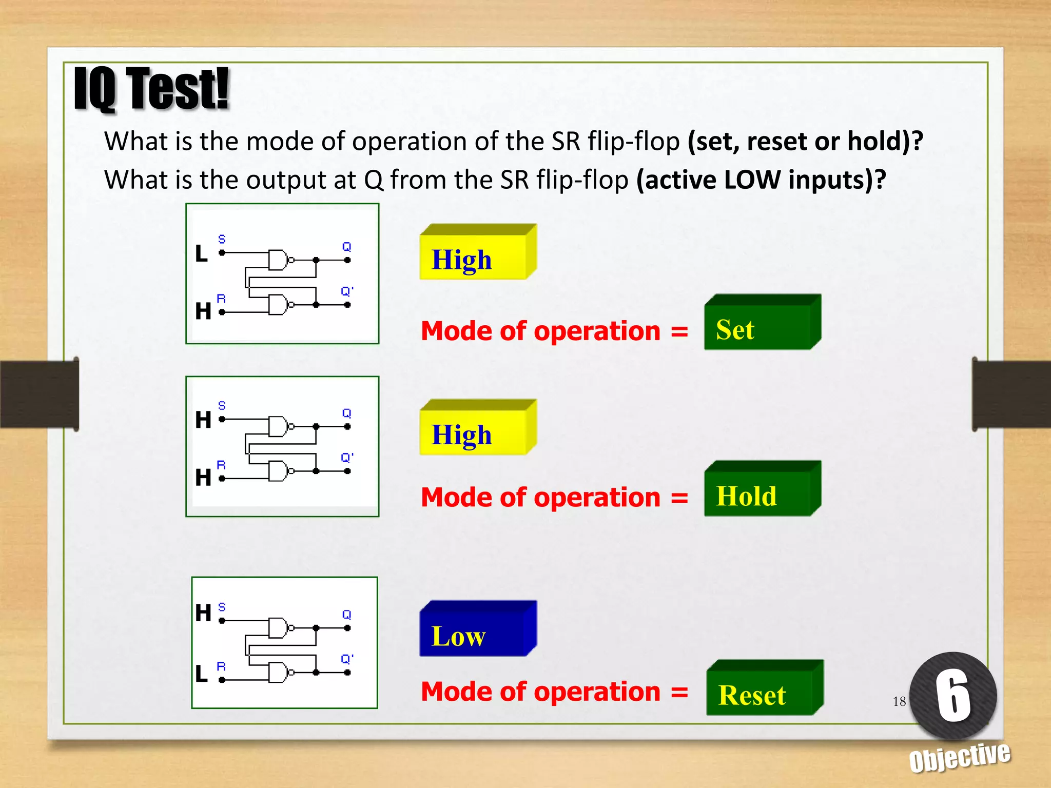 IQ Test!
 What is the mode of operation of the SR flip-flop (set, reset or hold)?
 What is the output at Q from the SR flip-flop (active LOW inputs)?

        L
                             ?
                             High
        H
                            Mode of operation = Set
                                                 ?


        H
                             ?
                             High
        H
                            Mode of operation = Hold
                                                 ?



        H
                             ?
                             Low
        L
                            Mode of operation =        ?
                                                      Reset          18
 