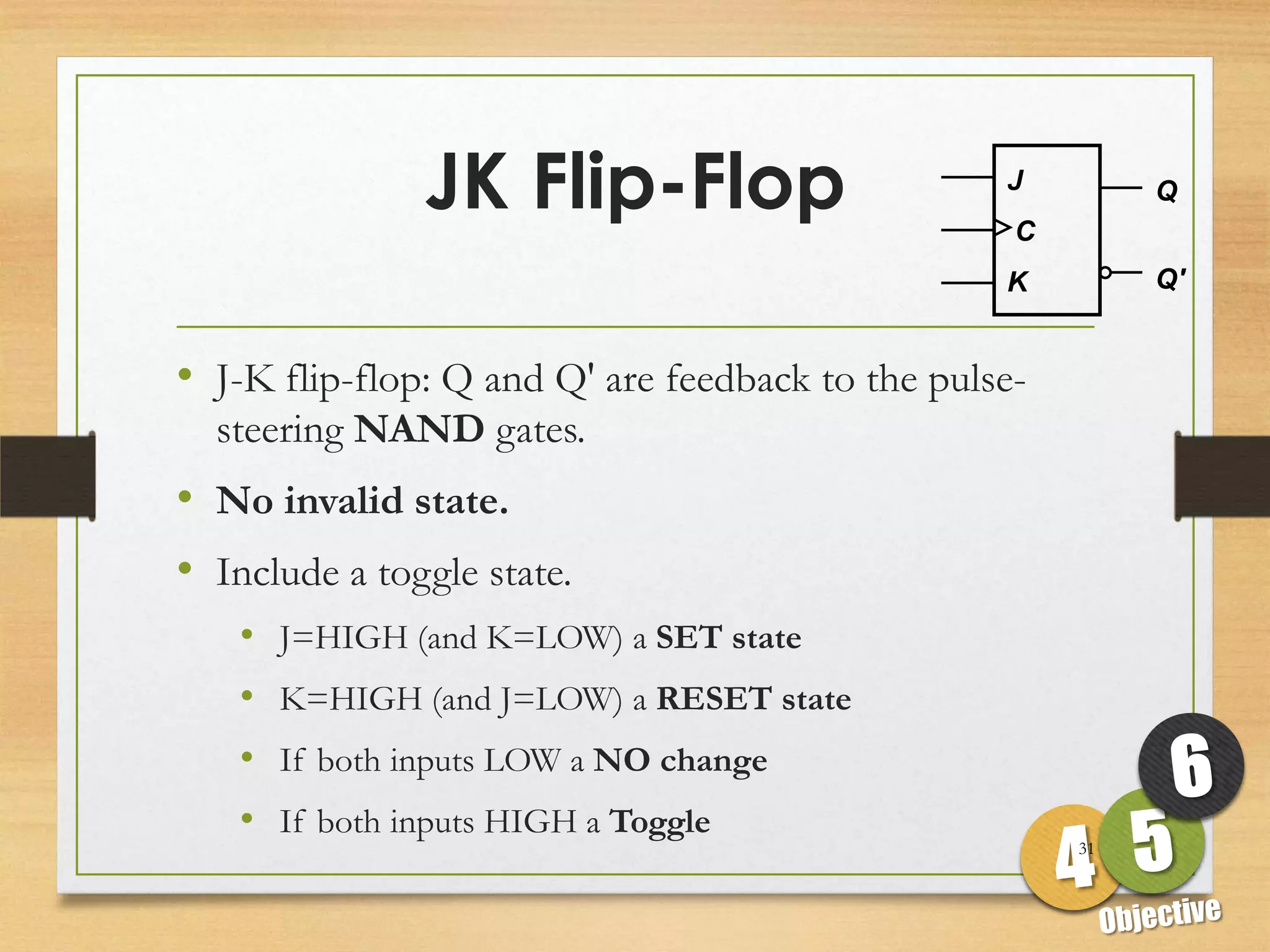 JK Flip-Flop                       J
                                                   C
                                                            Q


                                                  K         Q'


• J-K flip-flop: Q and Q' are feedback to the pulse-
  steering NAND gates.
• No invalid state.
• Include a toggle state.
    • J=HIGH (and K=LOW) a SET state
    • K=HIGH (and J=LOW) a RESET state
    • If both inputs LOW a NO change
    • If both inputs HIGH a Toggle
                                                       31
 