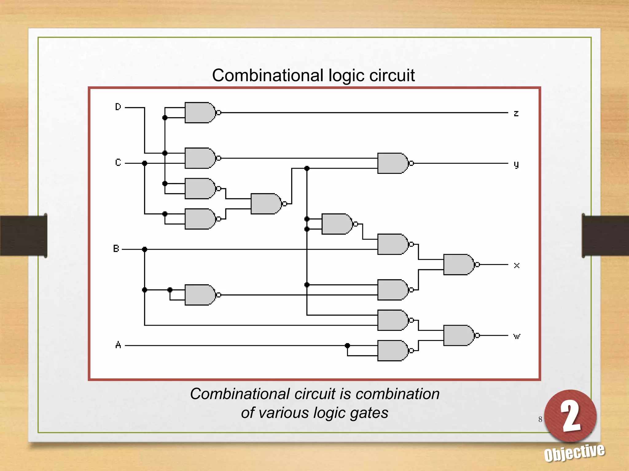 Combinational logic circuit




Combinational circuit is combination
      of various logic gates           8
 