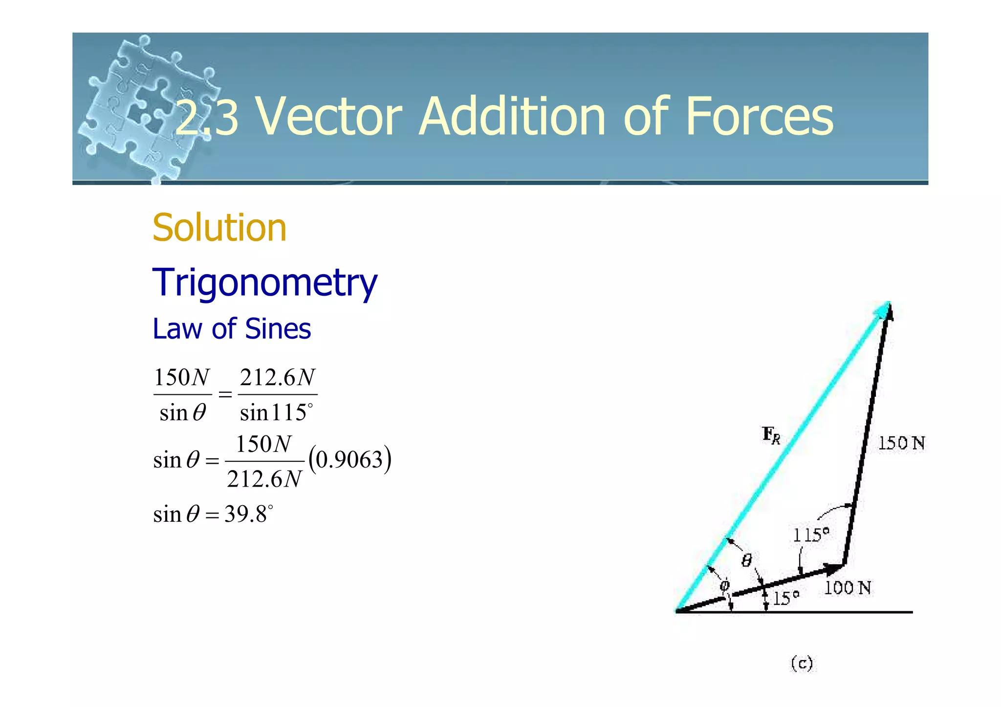 2.3 Vector Addition of Forces

Solution
Trigonometry
Law of Sines
150 N 212.6 N
       =
 sin θ sin 115o
         150 N
sin θ =         (0.9063)
        212.6 N
sin θ = 39.8o
 