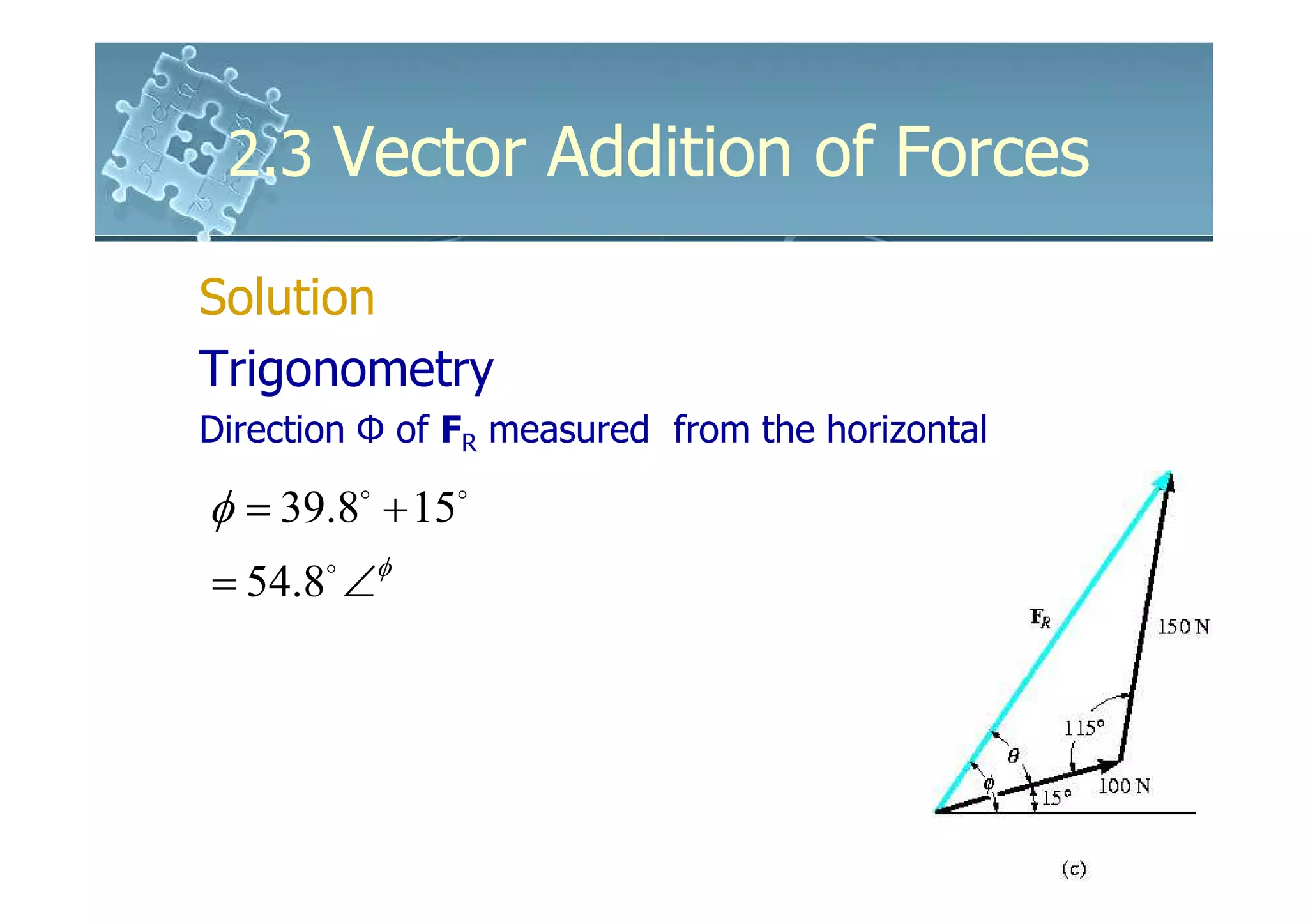 2.3 Vector Addition of Forces

Solution
Trigonometry
Direction Φ of FR measured from the horizontal

φ = 39.8 + 15
         o      o


= 54.8o ∠φ
 