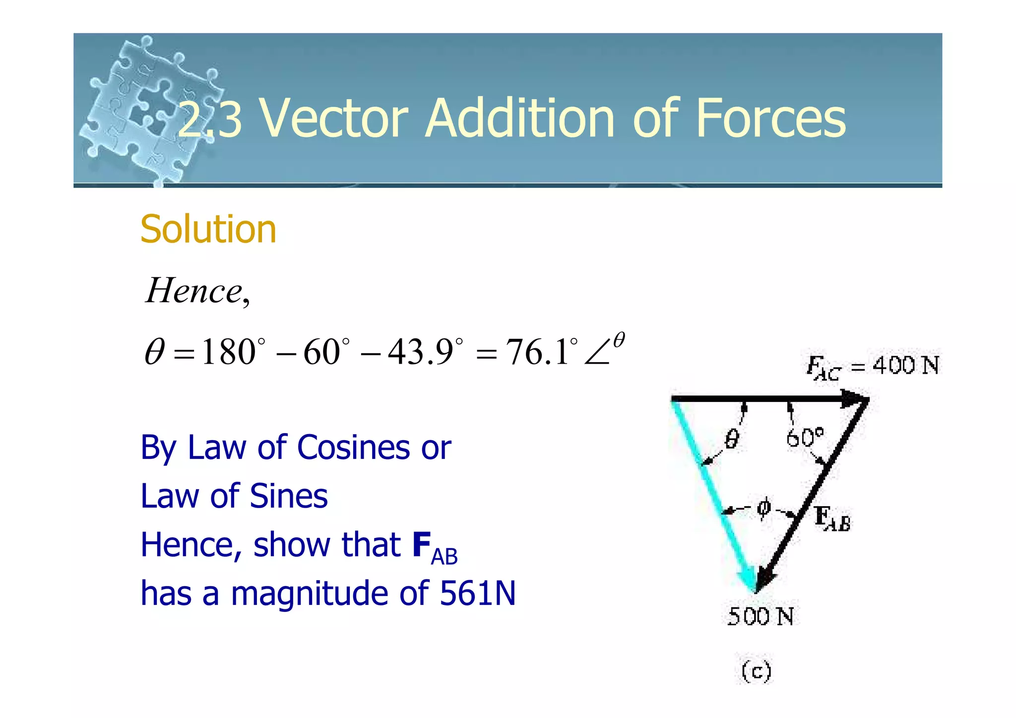 2.3 Vector Addition of Forces

Solution
Hence,
                              θ
θ = 180 − 60 − 43.9 = 76.1 ∠
         o   o     o      o




By Law of Cosines or
Law of Sines
Hence, show that FAB
has a magnitude of 561N
 