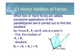 2.3 Vector Addition of Forces
When two or more forces are added,
successive applications of the
parallelogram law is carried out to find the
resultant
Eg: Forces F1, F2 and F3 acts at a point O
- First, find resultant of
 F1 + F2
- Resultant,
FR = ( F1 + F2 ) + F3
 