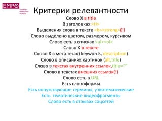 Критерии релевантности
Слово Х в title
В заголовках <H>
Выделения слова в тексте <b><strong>(!)
Слово выделено цветом, размером, курсивом
Слово есть в списках <ul><ol>
Слово Х в тексте
Слово Х в мета тегах (keywords, description)
Слово в описаниях картинок (alt,title)
Слово в текстах внутренних ссылок,title=“”
Слово в текстах внешних ссылок(!)
Слово есть в URL
Есть словоформы
Есть сопутствующие термины, узкотематические
Есть тематические видеофрагменты
Слово есть в отзывах соцсетей
 