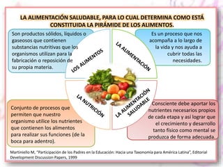 LA ALIMENTACIÓN SALUDABLE, PARA LO CUAL DETERMINA COMO ESTÁ
CONSTITUIDA LA PIRÁMIDE DE LOS ALIMENTOS.
Martiniello M, “Participación de los Padres en la Educación: Hacia una Taxonomía para América Latina”, Editorial
Development Discussion Papers, 1999
Conjunto de procesos que
permiten que nuestro
organismo utilice los nutrientes
que contienen los alimentos
para realizar sus funciones (de la
boca para adentro).
Es un proceso que nos
acompaña a lo largo de
la vida y nos ayuda a
cubrir todas las
necesidades.
Son productos sólidos, líquidos o
gaseosos que contienen
substancias nutritivas que los
organismos utilizan para la
fabricación o reposición de
su propia materia.
Consciente debe aportar los
nutrientes necesarios propios
de cada etapa y así lograr que
el crecimiento y desarrollo
tanto físico como mental se
produzca de forma adecuada.
 