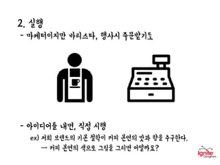 2. 실행
- 마케터이지만 바리스타, 행사시 주문받기도
- 아이디어를 내면, 직접 시행
ex) 저희 브랜드의 기본 철학이 커피 본연의 맛과 향을 추구한다.
→ 커피 본연의 색으로 그림을 그리면 어떨까요?
 