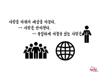 사람을 바꿔서 세상을 바꾼다.
→ 사람은 안바뀐다.
→ 유일하게 바꿀수 있는 사람은 ‘나’
 