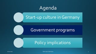 Start-up culture in Germany
Government programs
Policy implications
 
