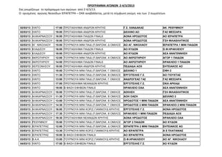 ΠΡΟΓΡΑΜΜΑ ΑΓΩΝΩΝ 2-4/3/2013
Σας γνωρίζουμε το πρόγραμμα των αγώνων από 2-4/3/13.
Ο ορισμένος αγώνας Νεανίδων ΙΕΡΑΠΕΤΡΑ – ΟΑΧ αναβάλλεται, μετά τη σύμφωνη γνώμη και των 2 σωματείων.



02/03/13 ΛΙΝΤΟ          17:00 ΠΡΩΤΑΘΛΗΜΑ ΑΝΔΡΩΝ ΚΡΗΤΗΣ                 Γ.Σ. ΧΑΝΔΑΚΑΣ             ΑΚ. ΡΕΘΥΜΝΟΥ
02/03/13 ΛΙΝΤΟ          19:00 ΠΡΩΤΑΘΛΗΜΑ ΑΝΔΡΩΝ ΚΡΗΤΗΣ                 ΔΕΙΛΙΝΟ ΑΟ                ΓΑΣ ΜΕΣΣΑΡΑ
02/03/13 ΑΛΙΚΑΡΝΑΣΣΟΥ   16:00 ΠΡΩΤΑΘΛΗΜΑ ΠΑΙΔΩΝ FINAL6                 ΑΟΝΑ ΗΡΟΔΟΤΟΣ             ΑΟ ΙΕΡΑΠΕΤΡΑ
02/03/13 ΑΛΙΚΑΡΝΑΣΣΟΥ   18:00 ΠΡΩΤΑΘΛΗΜΑ ΑΝΔΡΩΝ ΚΡΗΤΗΣ                 ΑΟΝΑ ΗΡΟΔΟΤΟΣ             ΓΣΗ ΦΙΛΑΘΛΗΤΙΚΟΣ
02/03/13 ΑΓ. ΝΙΚΟΛΑΟΥ   15:00 ΤΟΥΡΝΟΥΑ ΜΙΝΙ ΠΑΙΔ (Π.ΒΑΡΖΑΚ. Δ ΟΜΙΛΟΣ   ΑΟ ΑΓ. ΝΙΚΟΛΑΟΥ           ΙΕΡΑΠΕΤΡΑ 1 ΜΙΝΙ ΠΑΙΔΩΝ
02/03/13 ΚΛΑΔΙΣΟΥ       16:00 ΠΡΩΤΑΘΛΗΜΑ ΠΑΙΔΩΝ FINAL6                 ΑΟ ΚΥΔΩΝ                  Ο.Φ.ΗΡΑΚΛΕΙΟΥ
02/03/13 ΚΛΑΔΙΣΟΥ       18:00 ΠΡΩΤΑΘΛΗΜΑ ΑΝΔΡΩΝ ΚΡΗΤΗΣ                 ΑΟ ΚΥΔΩΝ                  ΑΣΑ ΑΝΑΓΕΝΝΗΣΗ
02/03/13 ΑΚΡΩΤΗΡΙΟΥ     12:00 ΤΟΥΡΝΟΥΑ ΜΙΝΙ ΠΑΙΔ (Π.ΒΑΡΖΑΚ. Α ΟΜΙΛΟΣ   ΑΟ ΑΚΡΩΤΗΡΙΟΥ             ΑΓΟΡ 1 ΠΑΙΔΩΝ
02/03/13 ΑΚΡΩΤΗΡΙΟΥ     14:00 ΠΡΩΤΑΘΛΗΜΑ ΠΑΙΔΩΝ FINAL6                 ΑΟ ΑΚΡΩΤΗΡΙΟΥ             ΗΡΑΚΛΕΙΟ 1 ΠΑΙΔΩΝ
02/03/13 ΧΕΡΣΟΝΗΣΟΥ     18:00 ΠΡΩΤΑΘΛΗΜΑ ΑΝΔΡΩΝ ΚΡΗΤΗΣ                 ΠΕΔΙΑΔΑ ΑΟΧ               ΣΗΤΕΙΑΚΟΣ ΑΟ
03/03/13 ΛΙΝΤΟ          10:00 ΤΟΥΡΝΟΥΑ ΜΙΝΙ ΠΑΙΔ (Π.ΒΑΡΖΑΚ. Γ ΟΜΙΛΟΣ   ΔΕΙΛΙΝΟ 1                 ΟΦΗ 2
03/03/13 ΛΙΝΤΟ          11:30 ΤΟΥΡΝΟΥΑ ΜΙΝΙ ΠΑΙΔ (Π.ΒΑΡΖΑΚ. Β ΟΜΙΛΟΣ   ΕΡΓΟΤΕΛΗΣ Γ.Σ.            ΑΟ ΓΙΟΥΧΤΑΣ
03/03/13 ΛΙΝΤΟ          13:00 ΤΟΥΡΝΟΥΑ ΜΙΝΙ ΠΑΙΔ (Π.ΒΑΡΖΑΚ. Γ ΟΜΙΛΟΣ   ΑΝΔΡΟΓΕΑΣ ΓΑΣ             ΓΑΣ ΜΕΣΣΑΡΑ
03/03/13 ΛΙΝΤΟ          17:00 ΠΡΩΤΑΘΛΗΜΑ ΝΕΑΝΙΔΩΝ ΚΡΗΤΗΣ               ΕΡΓΟΤΕΛΗΣ Γ.Σ.            ΟΚΑ ΑΡΚΑΔΙ
03/03/13 ΛΙΝΤΟ          19:00 Β ΦΑΣΗ ΕΦΗΒΩΝ FINAL6                     ΗΡΑΚΛΕΙΟ ΟΑΑ              ΑΣΑ ΑΝΑΓΕΝΝΗΣΗ
03/03/13 ΑΛΙΚΑΡΝΑΣΣΟΥ   10:00 ΤΟΥΡΝΟΥΑ ΜΙΝΙ ΠΑΙΔ (Π.ΒΑΡΖΑΚ. Γ ΟΜΙΛΟΣ   ΑΣΚΗΣΗ                    ΓΣΗ ΦΙΛΑΘΛΗΤΙΚΟΣ
03/03/13 ΑΛΙΚΑΡΝΑΣΣΟΥ   11:30 ΤΟΥΡΝΟΥΑ ΜΙΝΙ ΠΑΙΔ (Π.ΒΑΡΖΑΚ. Β ΟΜΙΛΟΣ   ΑΟΗ ΟΑΣΗ                  ΔΕΙΛΙΝΟ 2
03/03/13 ΑΛΙΚΑΡΝΑΣΣΟΥ   13:00 ΤΟΥΡΝΟΥΑ ΜΙΝΙ ΠΑΙΔ (Π.ΒΑΡΖΑΚ. Β ΟΜΙΛΟΣ   ΗΡΟΔΟΤΟΣ 1 ΜΙΝΙ ΠΑΙΔΩΝ    ΑΣΑ ΑΝΑΓΕΝΝΗΣΗ
03/03/13 ΑΛΙΚΑΡΝΑΣΣΟΥ   14:30 ΤΟΥΡΝΟΥΑ ΜΙΝΙ ΠΑΙΔ (Π.ΒΑΡΖΑΚ. Γ ΟΜΙΛΟΣ   ΗΡΟΔΟΤΟΣ 2 ΜΙΝΙ ΠΑΙΔΩΝ    ΗΡΑΚΛΕΙΟ 2 ΜΙΝΙ ΠΑΙΔΩΝ
03/03/13 ΑΛΙΚΑΡΝΑΣΣΟΥ   16:00 ΤΟΥΡΝΟΥΑ ΜΙΝΙ ΚΟΡ(Σ.ΓΙΑΝΝΙΟΥΔ ΚΡΗΤΗΣ     ΕΡΓΟΤΕΛΗΣ Γ.Σ.            ΑΟΝΑ ΗΡΟΔΟΤΟΣ
03/03/13 ΑΛΙΚΑΡΝΑΣΣΟΥ   17:30 ΤΟΥΡΝΟΥΑ ΜΙΝΙ ΠΑΙΔ (Π.ΒΑΡΖΑΚ. Β ΟΜΙΛΟΣ   ΗΡΑΚΛΕΙΟ 1 ΜΙΝΙ ΠΑΙΔΩΝ    ΠΕΔΙΑΔΑ ΑΟΧ
03/03/13 ΑΛΙΚΑΡΝΑΣΣΟΥ   19:30 ΠΡΩΤΑΘΛΗΜΑ ΝΕΑΝΙΔΩΝ ΚΡΗΤΗΣ               ΑΟΝΑ ΗΡΟΔΟΤΟΣ             ΗΡΑΚΛΕΙΟ ΟΑΑ
03/03/13 ΡΕΘΥΜΝΟΥ       15:00 ΤΟΥΡΝΟΥΑ ΜΙΝΙ ΠΑΙΔ (Π.ΒΑΡΖΑΚ. Α ΟΜΙΛΟΣ   ΑΓΟΡ 2 ΠΑΙΔΩΝ             ΑΟ ΚΥΔΩΝ
03/03/13 ΙΕΡΑΠΕΤΡΑΣ     12:00 ΤΟΥΡΝΟΥΑ ΜΙΝΙ ΠΑΙΔ (Π.ΒΑΡΖΑΚ. Δ ΟΜΙΛΟΣ   ΙΕΡΑΠΕΤΡΑ 2 ΜΙΝΙ ΠΑΙΔΩΝ   ΣΗΤΕΙΑΚΟΣ ΑΟ
03/03/13 ΙΕΡΑΠΕΤΡΑΣ     13:30 ΤΟΥΡΝΟΥΑ ΜΙΝΙ ΚΟΡ(Σ.ΓΙΑΝΝΙΟΥΔ ΚΡΗΤΗΣ     ΑΟ ΙΕΡΑΠΕΤΡΑ              Α Ε ΠΛΑΤΑΝΙΑΣ
03/03/13 ΙΕΡΑΠΕΤΡΑΣ     15:00 Β ΦΑΣΗ ΕΦΗΒΩΝ FINAL6                     ΑΟ ΙΕΡΑΠΕΤΡΑ              ΑΟΝΑ ΗΡΟΔΟΤΟΣ
03/03/13 Β.Α.Κ.         13:00 ΤΟΥΡΝΟΥΑ ΜΙΝΙ ΚΟΡ(Σ.ΓΙΑΝΝΙΟΥΔ ΚΡΗΤΗΣ     Ο.Φ.ΗΡΑΚΛΕΙΟΥ             ΑΟ ΑΓ. ΝΙΚΟΛΑΟΥ
04/03/13 ΛΙΝΤΟ          17:00 Β ΦΑΣΗ ΕΦΗΒΩΝ FINAL6                     ΕΡΓΟΤΕΛΗΣ Γ.Σ.            ΑΟ ΚΥΔΩΝ
 