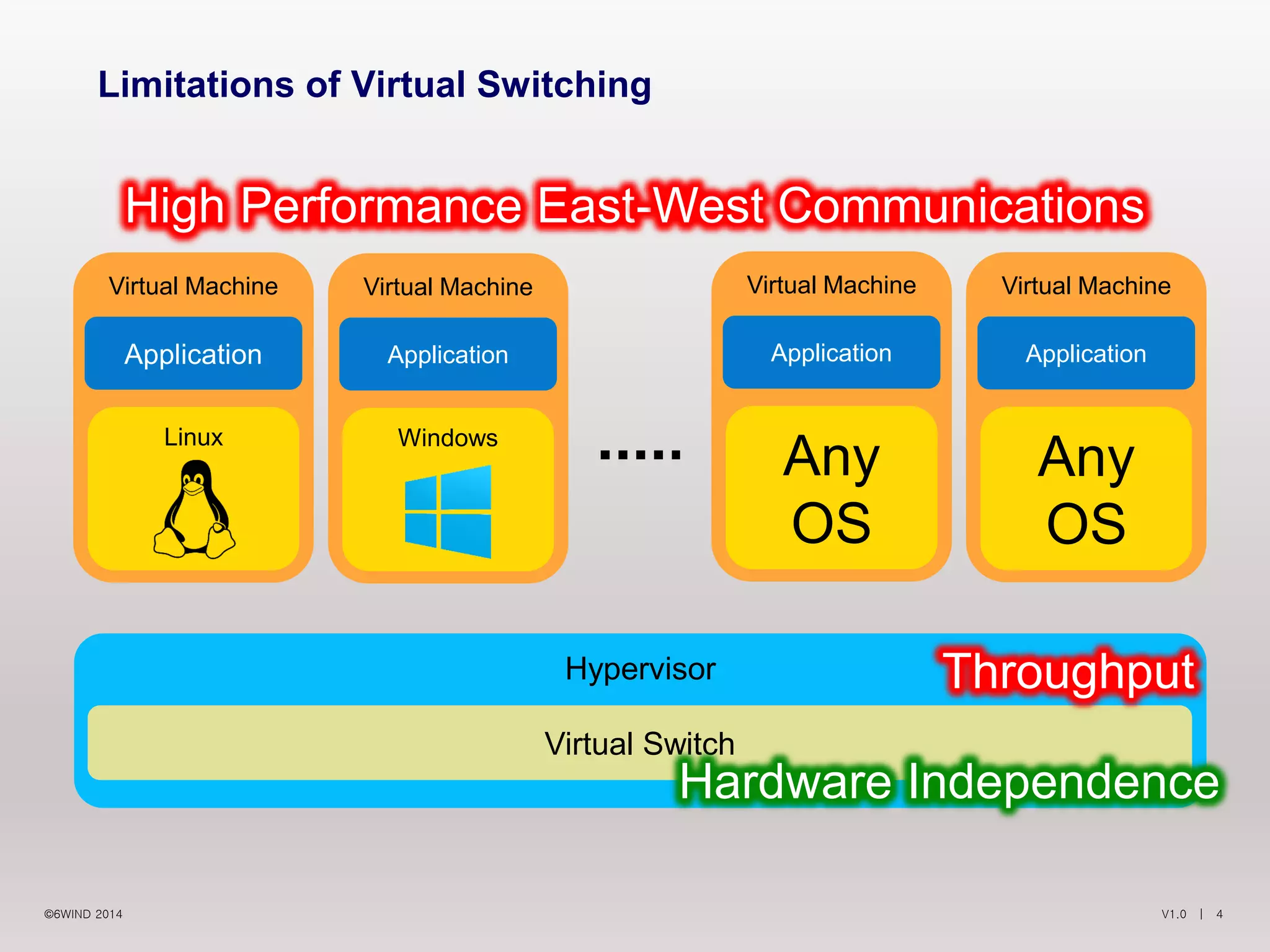 V1.0 | 4©6WIND 2014
Limitations of Virtual Switching
Virtual Machine
Application
Linux
Virtual Machine
Application
Windows
Virtual Machine
Application
Any
OS
Virtual Machine
Application
Any
OS
High Performance East-West Communications
Hypervisor
Virtual Switch
Throughput
Hardware Independence
 