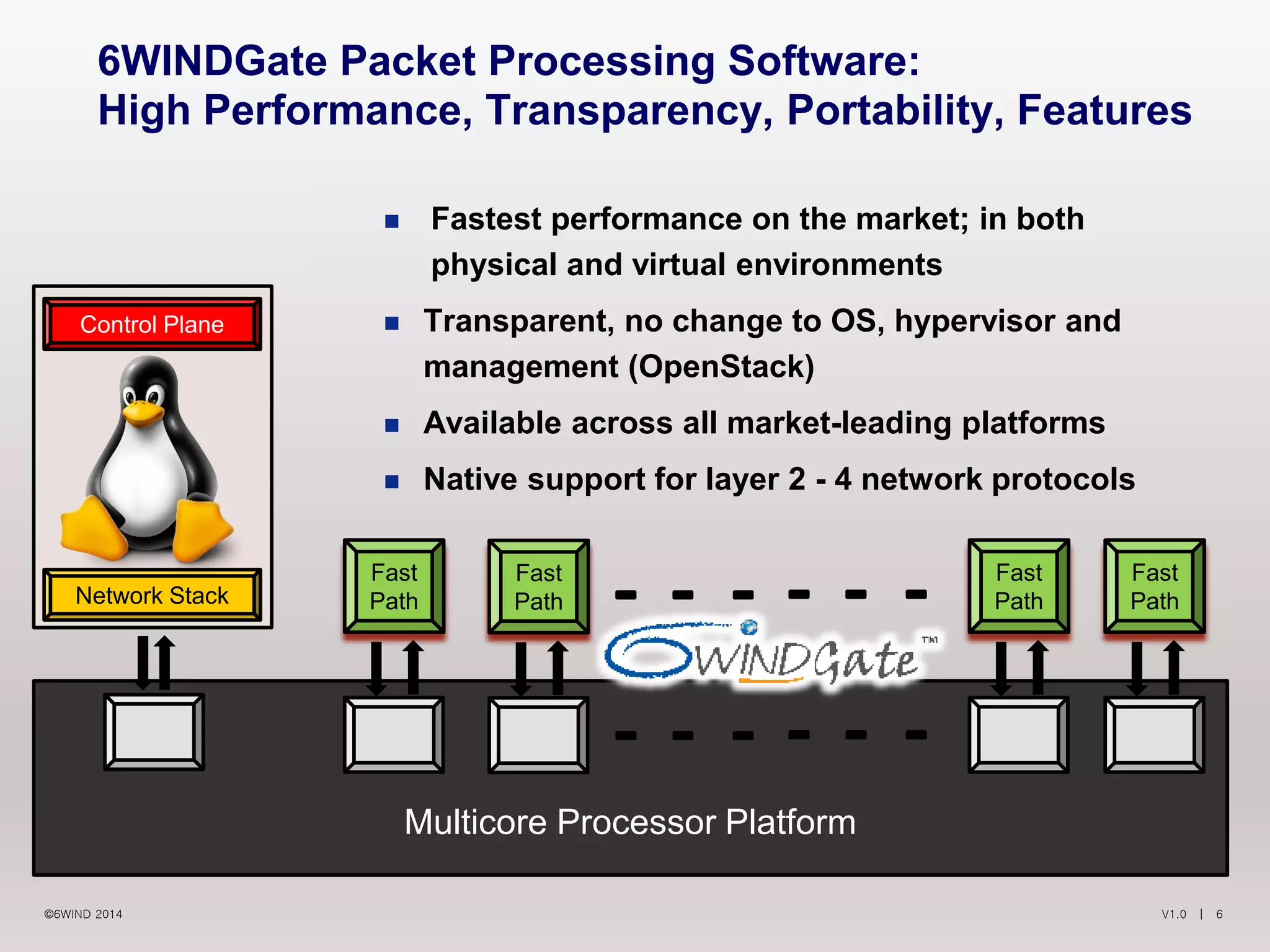 V1.0 | 6©6WIND 2014
6WINDGate Packet Processing Software:
High Performance, Transparency, Portability, Features
 Fastest performance on the market; in both
physical and virtual environments
 Transparent, no change to OS, hypervisor and
management (OpenStack)
 Available across all market-leading platforms
 Native support for layer 2 - 4 network protocols
Multicore Processor Platform
Fast
PathNetwork Stack
Control Plane
Fast
Path
Fast
Path
Fast
Path
 