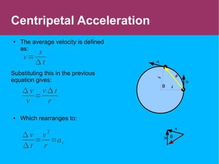 Centripetal Acceleration
● The average velocity is defined
as:
Substituting this in the previous
equation gives:
● Which rearranges to:
u
v
r
rθ
u
v
v=
s
 t
s
θ
 v
v
=
v  t
r
 v
 t
=
v2
r
=ac
 