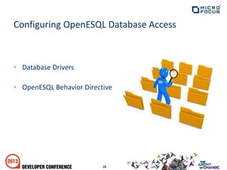 • Database Drivers
• OpenESQL Behavior Directive
26
Configuring OpenESQL Database Access
 
