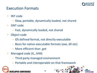 • INT code
– Slow, portable, dynamically loaded, not shared
• GNT code
– Fast, dynamically loaded, not shared
• Object code
– OS defined format, not directly executable
– Basis for native executable formats (exe, dll etc)
– More efficient than .gnt
• Managed code (IL, JVM)
– Third party managed environment
– Portable and interoperable on that framework
32
Execution Formats
 