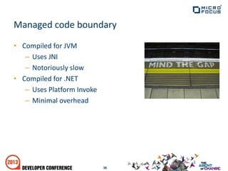 • Compiled for JVM
– Uses JNI
– Notoriously slow
• Compiled for .NET
– Uses Platform Invoke
– Minimal overhead
36
Managed code boundary
 