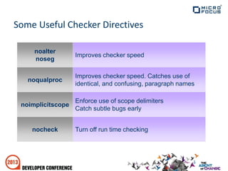 Some Useful Checker Directives
Enforce use of scope delimiters
Catch subtle bugs early
noimplicitscope
Turn off run time checkingnocheck
Improves checker speed. Catches use of
identical, and confusing, paragraph names
noqualproc
Improves checker speed
noalter
noseg
 