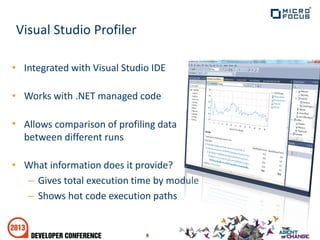 • Integrated with Visual Studio IDE
• Works with .NET managed code
• Allows comparison of profiling data
between different runs
• What information does it provide?
– Gives total execution time by module
– Shows hot code execution paths
9
Visual Studio Profiler
 