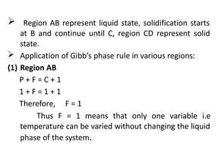 Region AB represent liquid state, solidification starts
at B and continue until C, region CD represent solid
state.
Application of Gibb’s phase rule in various regions:
(1) Region AB
P + F = C + 1
1 + F = 1 + 1
Therefore, F = 1
Thus F = 1 means that only one variable i.e
temperature can be varied without changing the liquid
phase of the system.
 