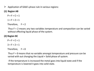 Application of Gibb’s phase rule in various regions:
(1) Region AB
P + F = C + 1
1 + F = 2 + 1
Therefore, F = 2
Thus F = 2 means any two variables temperature and composition can be varied
without effecting liquid phase of the system.
(2) Region BC
P + F = C + 1
3 + F = 2 + 1
Therefore, F = 0
Thus F = 0 means that no variable amongst temperature and pressure can be
varied with out changing the Liquid + Solid phase of system.
If the temperature is increased the metal goes into liquid state and if the
temperature is lowered it goes into solid state.
 