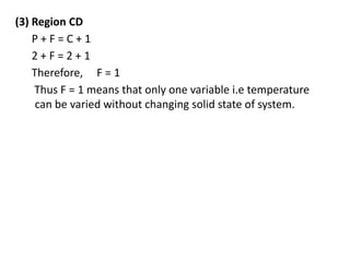 (3) Region CD
P + F = C + 1
2 + F = 2 + 1
Therefore, F = 1
Thus F = 1 means that only one variable i.e temperature
can be varied without changing solid state of system.
 