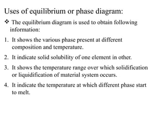 Uses of equilibrium or phase diagram:
The equilibrium diagram is used to obtain following
information:
1. It shows the various phase present at different
composition and temperature.
2. It indicate solid solubility of one element in other.
3. It shows the temperature range over which solidification
or liquidification of material system occurs.
4. It indicate the temperature at which different phase start
to melt.
 